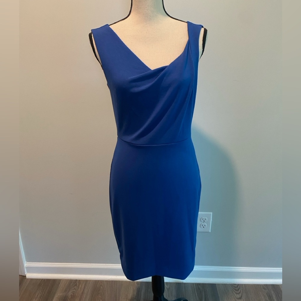 White House Black Market Drape Neck Blue Sheath Dress Womens size 2  $150
